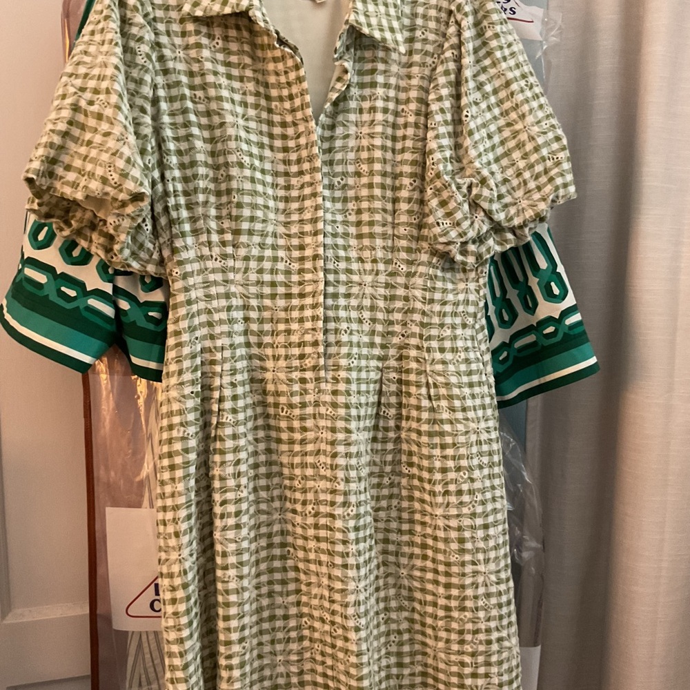 Tuckernuck Green and Cream Gingham Eyelet Mini Dress